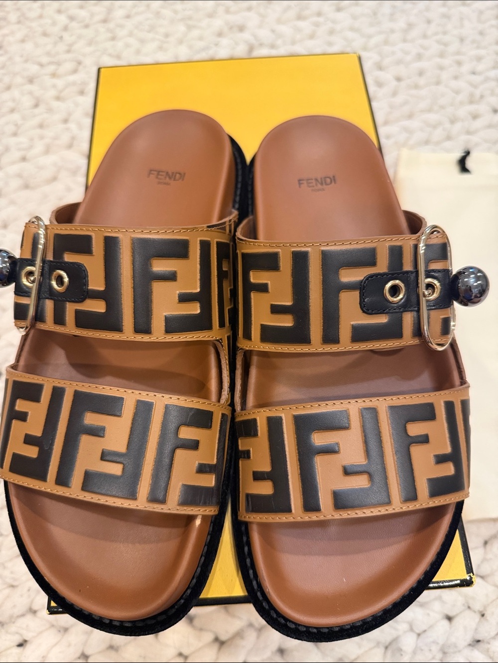 Fendi Pearland Logo Birkenstock Double Strap Slide Sandals Size 39.5